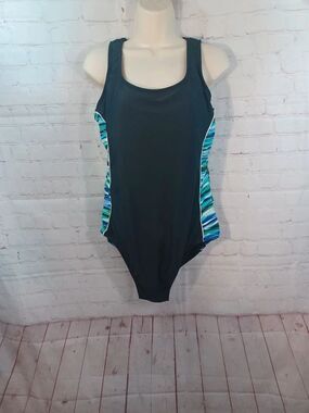 Catalina Womans One Piece Black Blue Ocean Print Tummycontrol Bathing Suit sz 16
